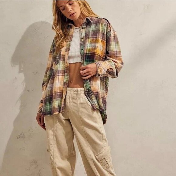 BDG Tops - BDG Distressed Plaid Flannel Shirt Jacket Raw Hem Grunge Shacket Sz S NWT